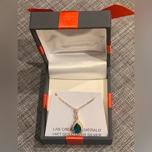 Emerald and sapphire necklace. includes 14k gold over SS chain, gift box & bow
